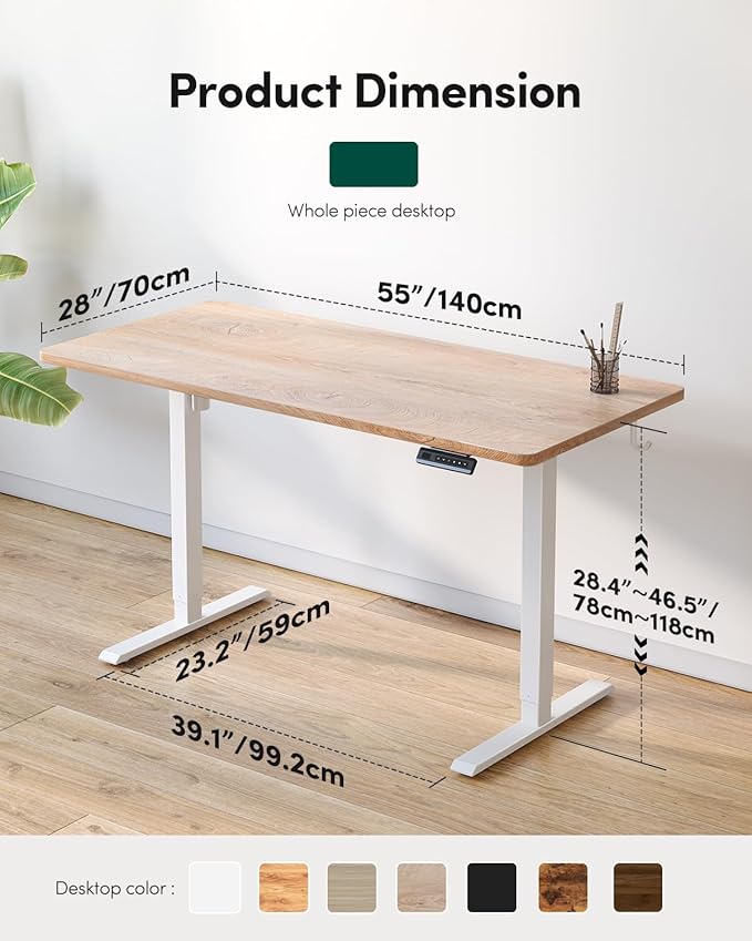 FEZIBO One-Piece Standing Desk Adjustable Height Stand up Home Office Desk, 55x24 Inch Electric Standing Computer Desk, with 4 Memory Presets, Fixable casters, Maple-DeskLoop Office