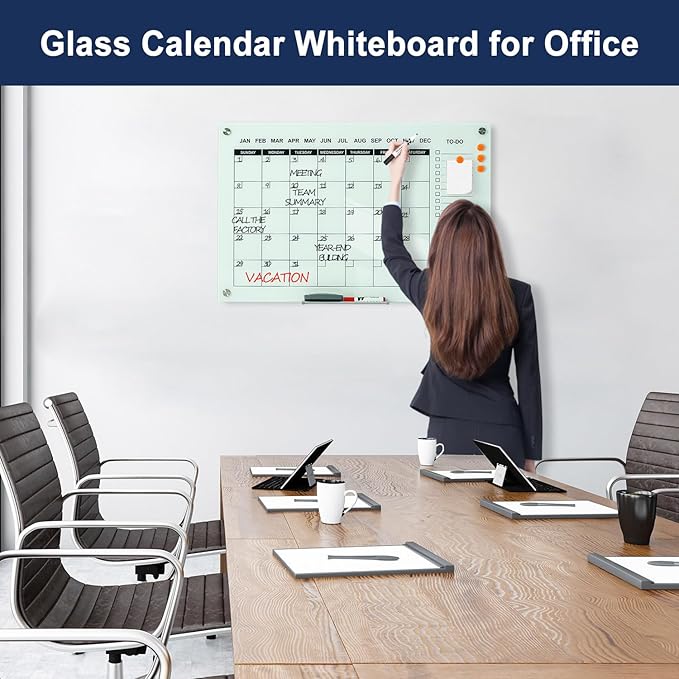 TSJ OFFICE Glass Calendar Whiteboard - 36 x 24 Inches Wall Mounted Monthly Dry Erase Calendar for Wall, Large Magnetic Glass White Board for Office, Home & School-DeskLoop Office