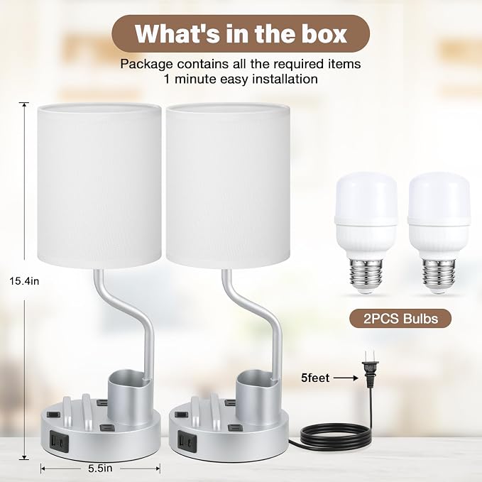 Grey Bedside Table Lamps for Bedroom Set of 2 - Image 6