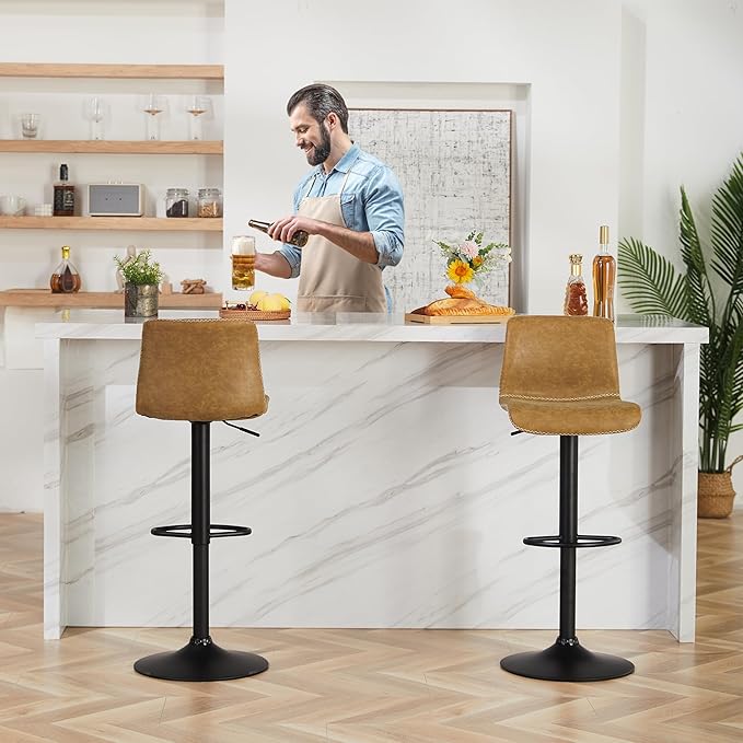 HeuGah Bar Stools Set of 3, Swivel Counter Height Barstools with Back, Adjustable Height 24" to 32", Whiskey Brown Faux Leather Bar Chairs for Kitchen Island (Whiskey Brown, Set of 3 (24'' to 32''))-DeskLoop Office