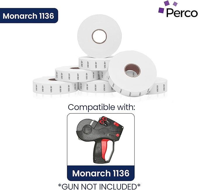 Perco USE by Labels for Monarch 1136 Price Gun - 8 Rolls, 14,000 Marking Labels - with Bonus Ink Roll Included-DeskLoop Office