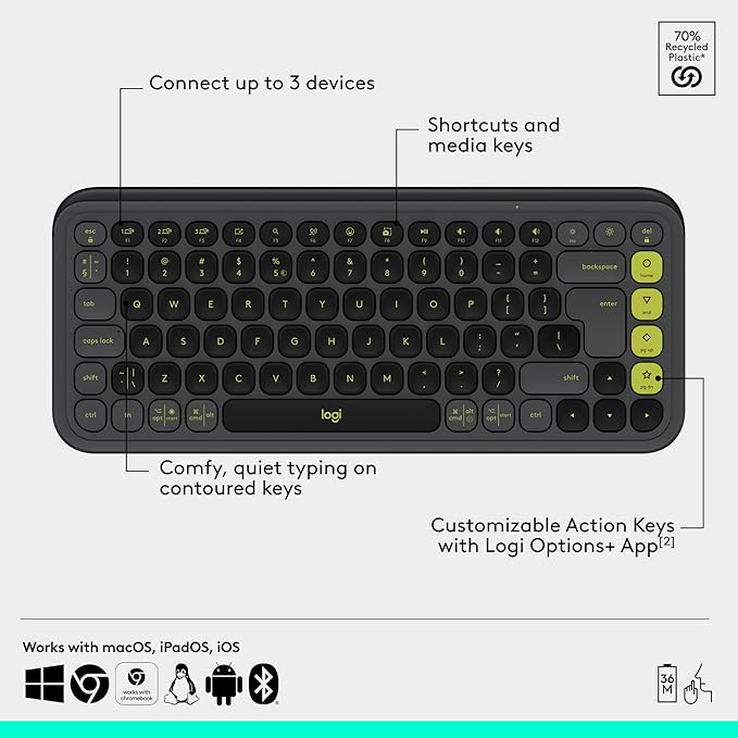 Logitech POP ICON Combo, Bluetooth Keyboard and Mouse Combo, Comfortable Typing, programmable Keys and Buttons, Quiet clicks, Easy-Switch up to 3 Devices - Graphite and Lime-DeskLoop Office