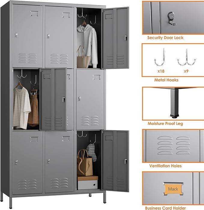 9 Doors Metal Locker with 27 Hooks and Business Card Holder,Metal Lockers for Employees with Ventilation Holes for School Office Gym Garage,Assembly Required,Dark Grey-DeskLoop Office