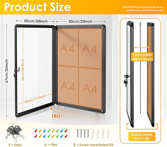 SWANCROWN Lockable Bulletin Board Notice Pin Cork Boards Tamper Proof Message Board for Photos Memos,26x20inch (4xA4)-DeskLoop Office