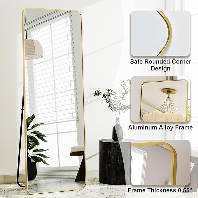 HARRITPURE 56" x 21" Rounded Full Length Mirror Aluminum Frame Gold Mirror Full Length Floor Mirror with Stand for Living Room Bedroom Cloakroom-DeskLoop Office