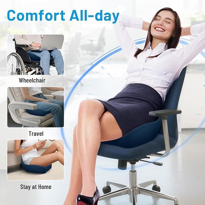 Seat Cushion, Memory Foam Office Chair Cushions, Ergonomic Curved Design for Sciatica, Tailbone, Coccyx, Seat Support for Car, Desk Chair, Wheelchair, Enhances Long Sitting Comfort (Blue)-DeskLoop Office