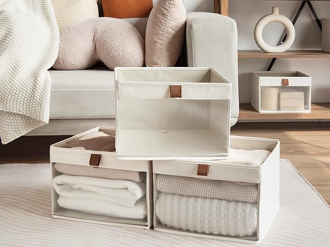 StorageWorks Closet Storage Bins, Large Storage Baskets with Clear Window and Handles, Foldable Fabric Organizer for Clothes, Shelves, Beige, 3 Pack-DeskLoop Office