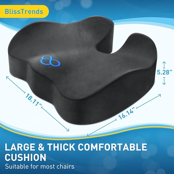 BlissTrends Seat Cushion,5.2in Thick Memory Foam Cushions for Office Chair, Car Seat, Airplane, Relieving Pressure Tailbone Sciatica Back Pain for Long Sitting Office Workers, Car Drivers Grey-DeskLoop Office
