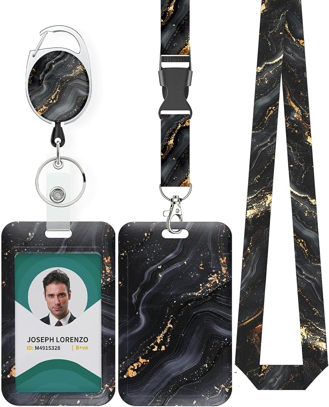 Uniclife Marbling Sliding Badge Holder Black & Gold Marble Pattern Plastic Card by UnicLife