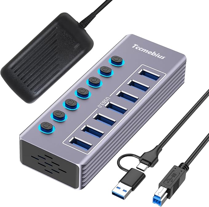 Powered 7-Port USB 3.0 Hub, USB C to 7 Ports USB Data Hub Splitter with Individual LED On/Off Switche, 3.3FT Cable, 12V/3A Power Adapter, for Laptop MacBook Pro/Air PC (Aluminum Gary)-DeskLoop Office