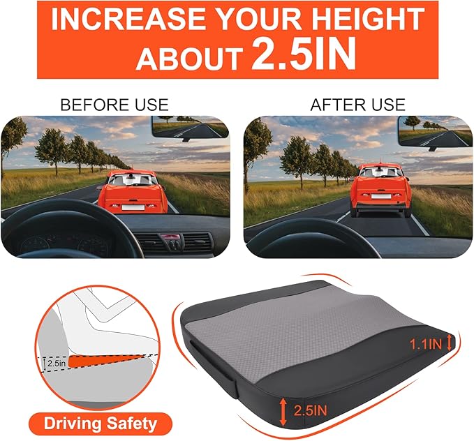 Car Seat Cushion, Comfort Memory Foam Car Cushions for Driving - Sciatica & Lower Back Pain Relief, Driver Seat Pillow for Auto, Office Chair, Wheelchair - Black&Gray-DeskLoop Office