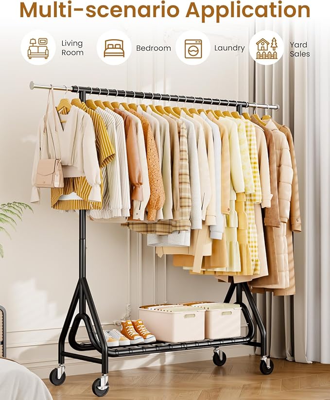 Heavy Duty Clothes Rack, Metal Clothing Rack Load 450 LBS, Rolling Coat Racks for Hanging Clothes with Lockable Wheels, Wardrobe Closet Garment Racks for Bedroom, Black-DeskLoop Office