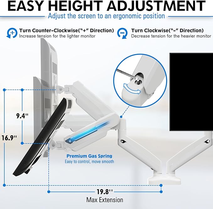 MOUNTUP Dual Monitor Stand for Desk, Pneumatic Monitor Arms for 2 Monitors Max 32 Inches, Height Adjustable Double Monitor Mount, VESA Mounts with C-Clamp & Grommet Base, Holds 4.4-17.6lbs, White-DeskLoop Office