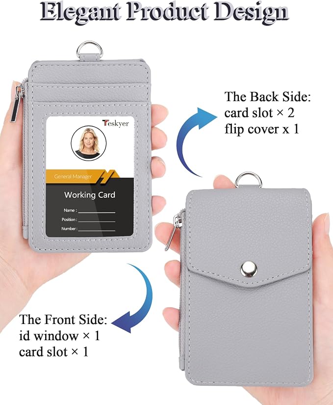 Teskyer ID Badge Holder with Lanyard, Lanyard Wallet, Lychee Gray | 4-Card - Image 3