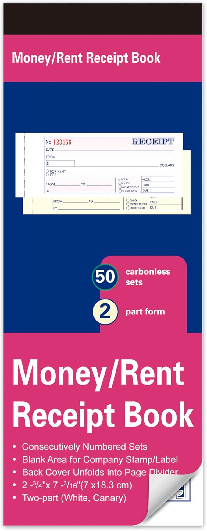 Case Receipt Book, 2.75x7.2 Inches 2 Part Carbonless, Receipt Book by Yeplan