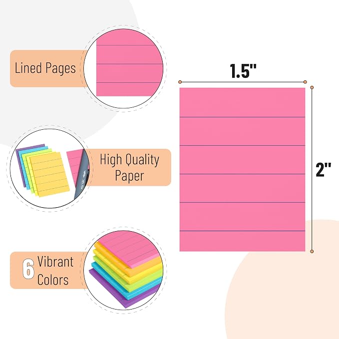 Mr. Pen- Small Lined Sticky Notes, 1.5" x 2", 6 Pads, 60 Sheets/Pad | Vibrant - Image 3