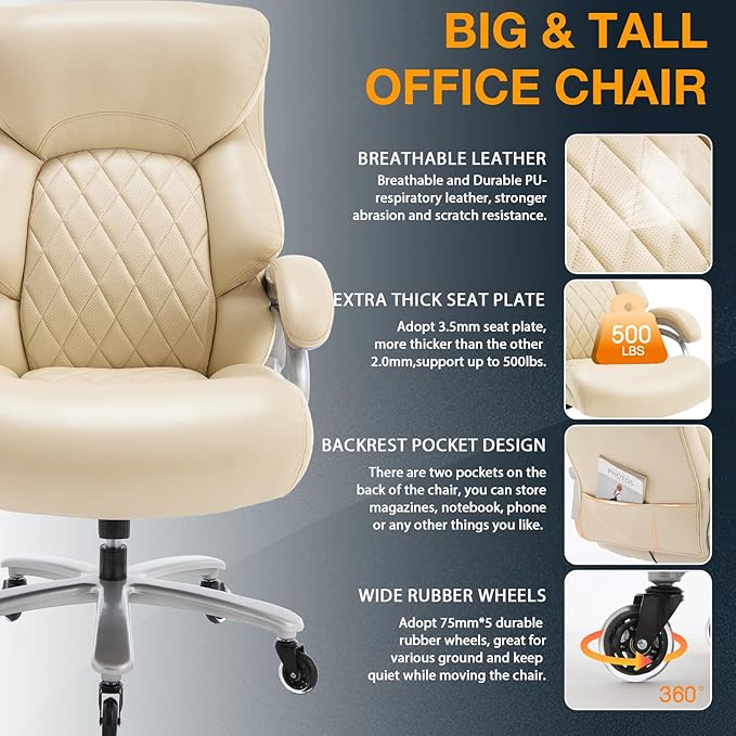 Big and Tall Office Chair for Heavy People, 500LBS High Back Extra Wide Heavy Duty Executive Office Chair Comfortable for Home, Large Computer Desk Chairs with Adjustable Lumbar Support Beige-DeskLoop Office
