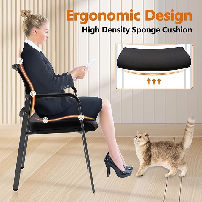 CLATINA Mesh Back Stacking Arm Chairs with Upholstered Fabric Seat and Ergonomic Lumbar Support for Office School Church Guest Reception Black 8 Pack Set New Version-DeskLoop Office