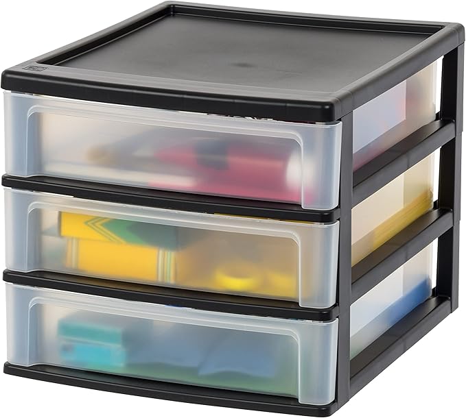 IRIS USA Plastic Stacking Desk Top 3-Drawer Storage Organizer, 1-Pack, for Makeup Vanity Nail Polish Bathroom Stationery Art Craft Supplies Kitchen Office Garage and Small Organization, Medium, Black-DeskLoop Office