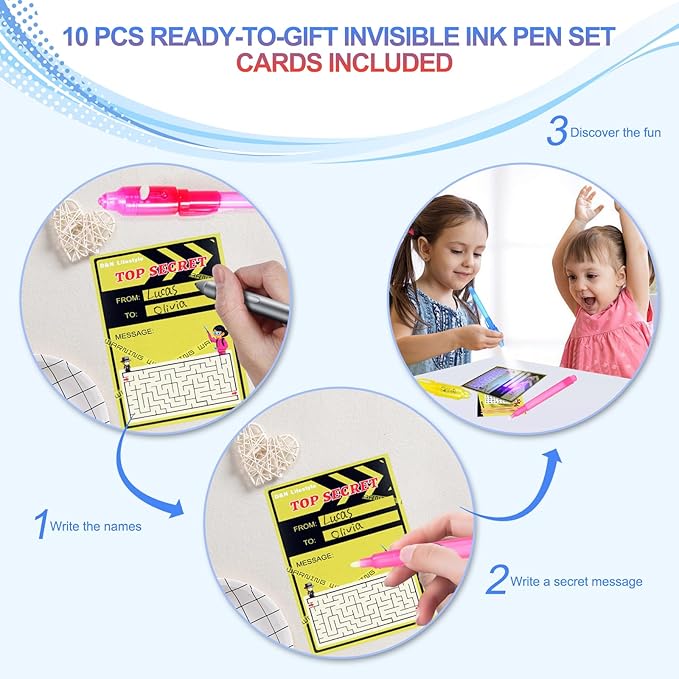 10 Pcs Invisible Ink Pens with UV Led dark light, Word Search & Maze Activities Cards and Bags Included, End of School Year Gift, Fun for Kids' Birthday, Halloween, Christmas, Goodie bag stuffers-DeskLoop Office