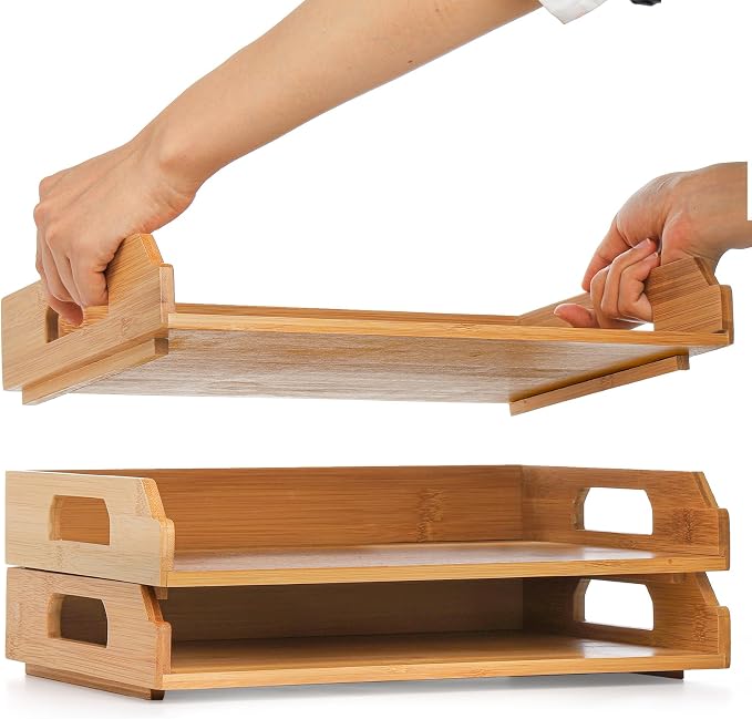 Okllen 3 Pack Stackable Paper Trays, Bamboo Desk Letter Tray Set, 3 Tier File - Image 4