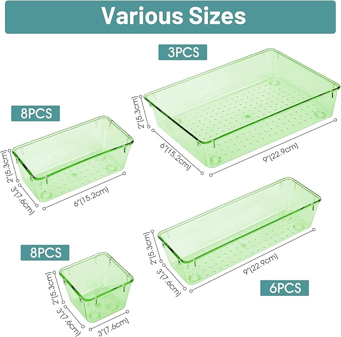 WOWBOX 25 PCS Plastic Drawer Organizer Set, 4 Sizes Desk Drawer Divider Organizers and Storage Bins for Makeup, Jewelry, Gadgets for Kitchen, Bedroom, Bathroom, Office, Clear Green-DeskLoop Office