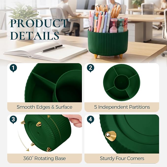 KONVINIT Pencil Pen Holder for Desk, 5 Slots 360-Degree Rotating Desktop - Image 4