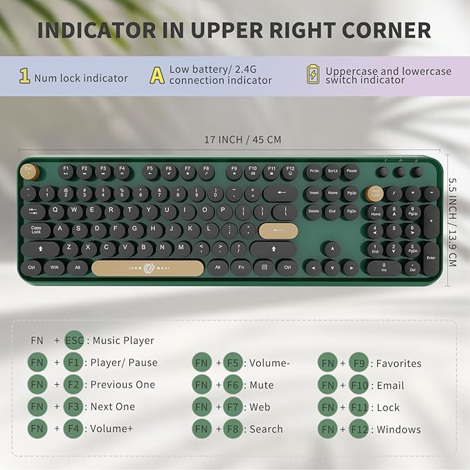 FOPETT Wireless Keyboard and Mouse Combo, 104 Keys Full-Sized 2.4 GHz Round Keycap Colorful Keyboards, USB Receiver Plug and Play, for Windows, Mac, PC, Laptop, Desktop (Black Green)-DeskLoop Office