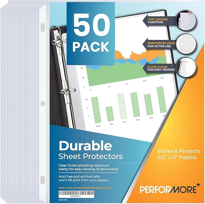 Performore 50-Pack Clear Sheet Protectors | 8.5 x 11 Inch Heavy Duty Plastic by RingBinder