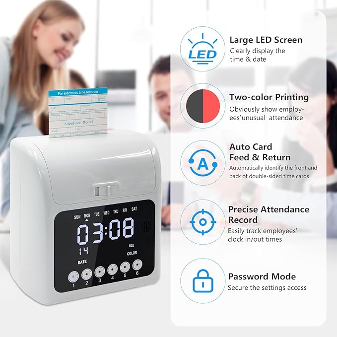 Time Clock Bundle for Small Business, Passcode Time Clock Punch Machine with 200 Time Cards, 4 Ink Ribbons, 2 Ten-Slot Time Card Racks, Auto-Align Clock in Machine for Employees-DeskLoop Office