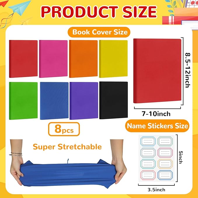 Jumbo Book Covers 8 Pack Reusable Fabric Book Cover Protective Books Covers 9 x 11 Inch Colorful Stretchable Books Sleeve Cover with Label Sticker for Most Hardcover Textbooks Up to 10 x 12.5 Inch-DeskLoop Office