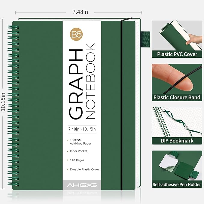 AHGXG Graph Paper Notebook - Spiral Notebook Journal 7.6" x 10", B5 Large Graph Notebook, 140 Pages, 100 gsm Thick Grid Paper, Waterproof Plastic Cover, for School Writing Engineering, Green-DeskLoop Office