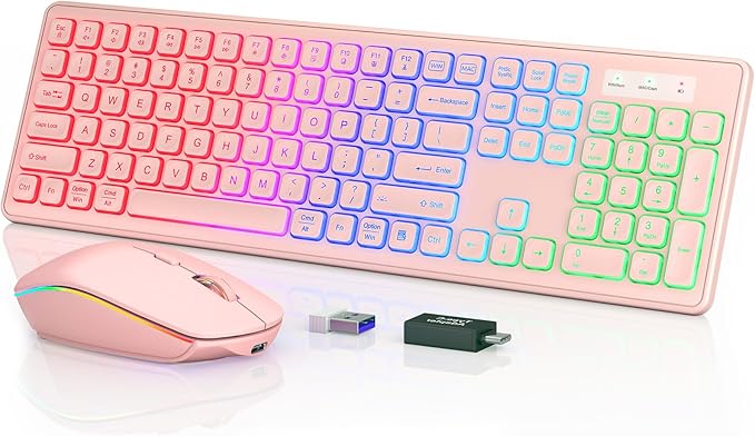 Wireless Keyboard and Mouse Combo - RGB Backlit, Rechargeable & Light Up Letters, Full-Size, Ergonomic Tilt Angle, Sleep Mode, 2.4GHz Quiet Keyboard Mouse for Mac, Windows, Laptop, PC, Trueque, Pink-DeskLoop Office