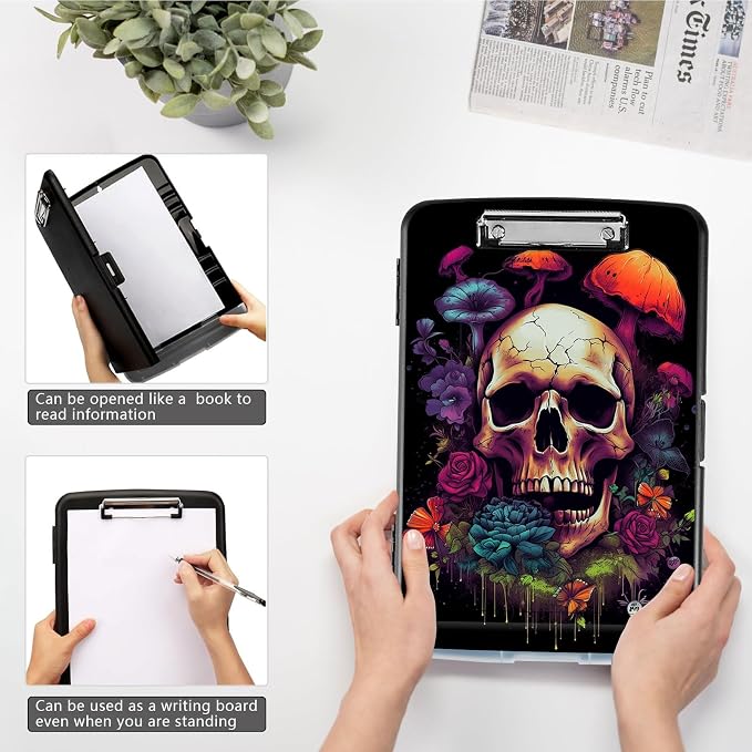Clipboard with Storage, High Capacity Flower Skull Storage Clipboard 9.5x14 - Image 4