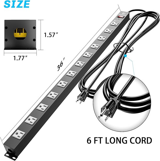 12 Outlet Surge Protector Metal Power Strip, 1800J Mountable Power Outlet, Heavy Duty Workshop Metal Power Strip for Commercial, Industrial, School and Home,15A 125V 1875W (6FT)-DeskLoop Office