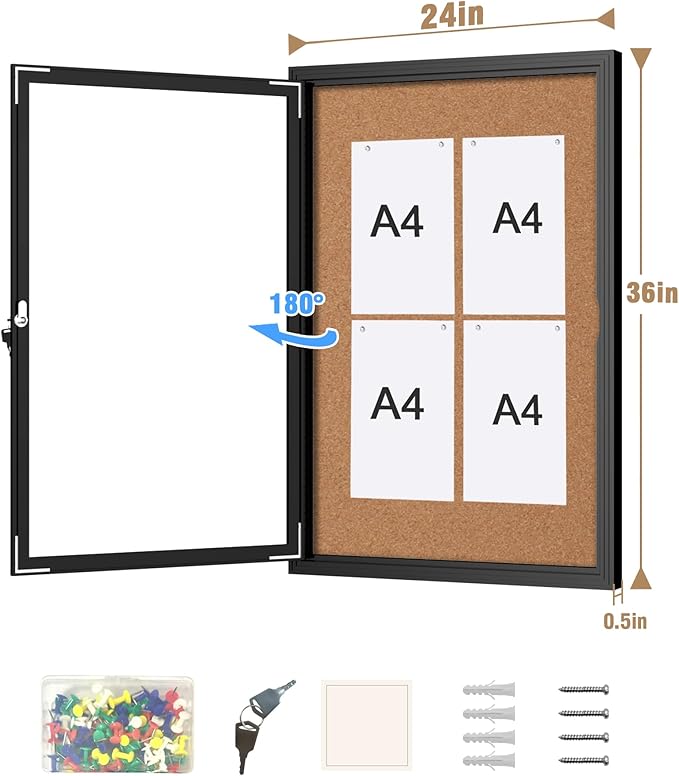 36"x24" Enclosed Bulletin Board, Outdoor Lockable Weather-Resistant Aluminum Cork Noticeboard for School & Office Hospital, Black Frame w/Cork-DeskLoop Office
