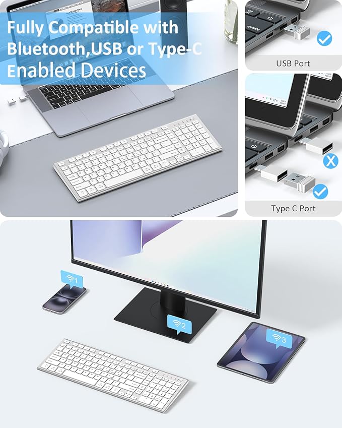 FENIFOX Wireless Keyboard, Bluetooth + USB Ergonomic Silent Quiet Rechargeable with Number Pad Compact Full Size Multi Device Keyboards for iPad Tablet Mac Computer Surface PC MacBook Laptop Silver-DeskLoop Office