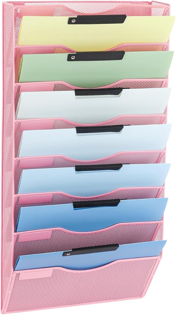 EASEPRES 8 Pocket Mesh Hanging Wall File Organizer, Wall Mounted Mail Paper Document Folder Holder, Clipboard Storage Organization Magazine Rack with Nametag Label for Office Home School, Pink-DeskLoop Office