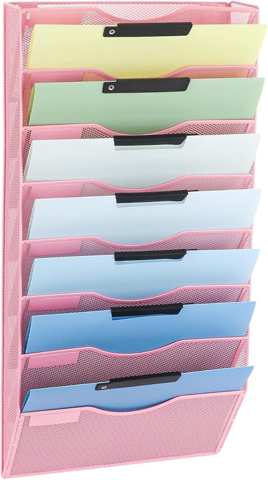 EASEPRES 8 Pocket Mesh Hanging Wall File Organizer, Wall Mounted Mail Paper Document Folder Holder, Clipboard Storage Organization Magazine Rack with Nametag Label for Office Home School, Pink-DeskLoop Office