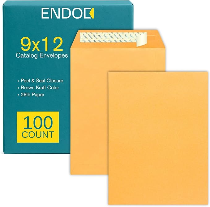 9x12 Brown Kraft Open End Envelopes Peel & Seal, 100 Pack, Self Seal Mailing by EnDoc