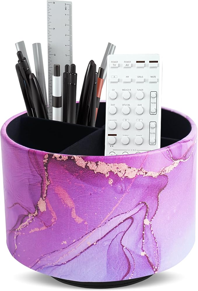 Round Leather Art Supply Organizer,Remote Control Holder,360-degree Rotating Pen Organizer with 4 Compartments(1-Purple Blue Splash Ink)-DeskLoop Office