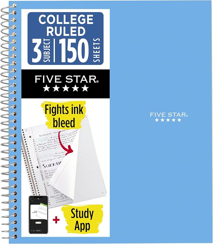 Five Star Spiral Notebook + Study App, 3 Subject, College Ruled Paper, 8.5" x by FiveStar