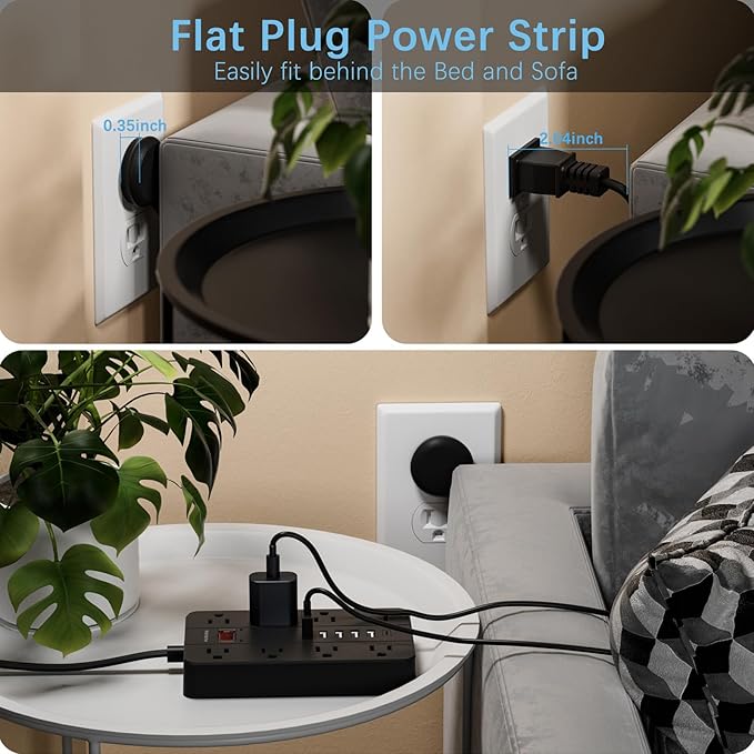 15 Ft Long Extension Cord Power Strip Surge Protector, HUNIAN Flat Plug with 8 Widely Spaced Outlets 6 USB, Wall Mount Charging Station for Home and Office, Black-DeskLoop Office