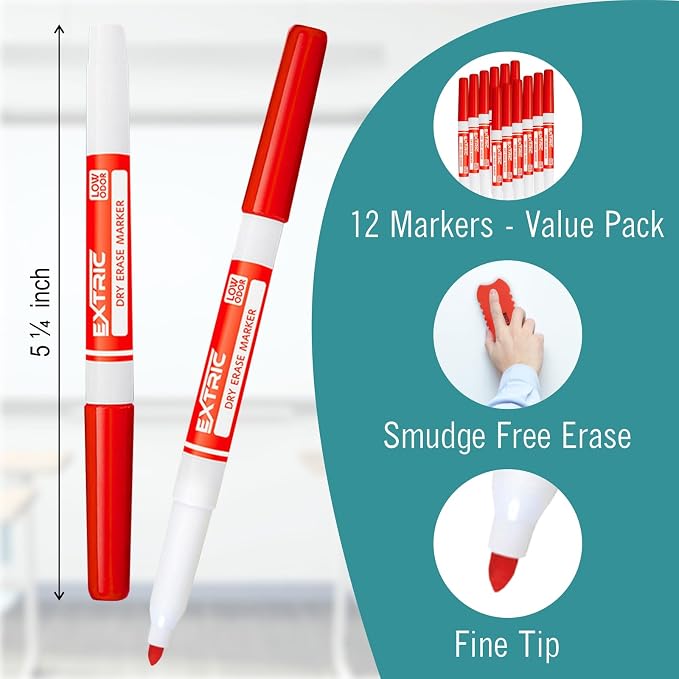 EXTRIC Red Dry Erase Markers Fine Tip 12 PK Whiteboard Markers | Use: School - Image 2