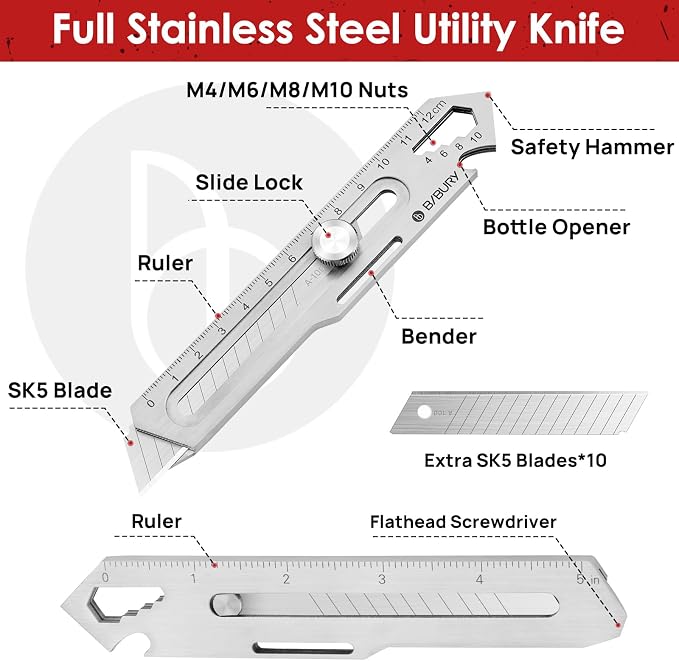 BIBURY 2 Pack Mutipurpose Utility Knife, Heave Duty Full Stainless Steel - Image 2
