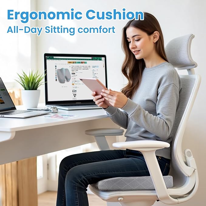 TushGuard Office/Car Seat Cushion, Non-Slip Sciatica & Back Coccyx Tailbone Pain Relief Chair Pad, Memory Foam Butt Pillow for Computer Desk, Wheelchair, Driving (Light Grey)-DeskLoop Office