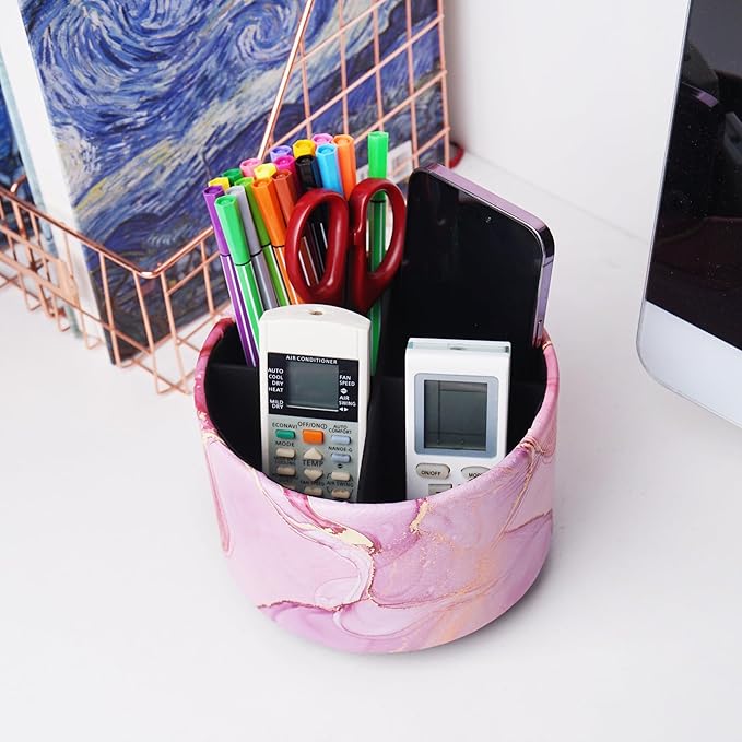 Round Leather Art Supply Organizer,Remote Control Holder,360-degree Rotating Pen Organizer with 4 Compartments(1-Pink Splash Ink)-DeskLoop Office