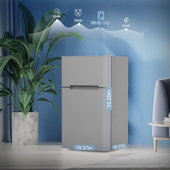 3.1 Cu.Ft Small Fridge with Freezer, Compact Refrigerator with 2 Doors, Mini Fridge with Adjustable Removable Glass Shelves for Bedroom, Dorm, Office or Apartment,Grey-DeskLoop Office