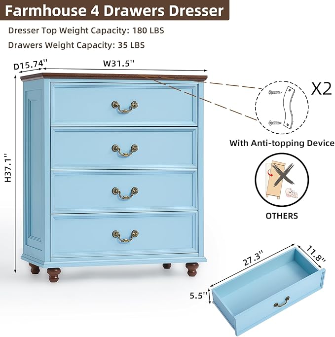 Farmhouse 4 Drawer Dresser for Bedroom, 37" Tall Rustic Chests of Drawers w/ 4 Solid Wood Feet, Mid Century Modern Wooden Closet Storage Dressers Organizer for Living Room, Hallway, LightBlue-DeskLoop Office