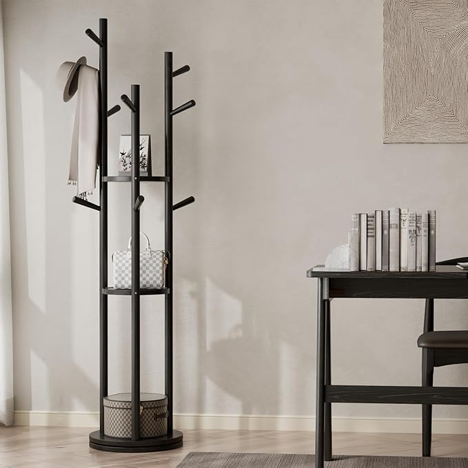 Solid Wood Rotary Coat Rack, Freestanding Coat Rack with 3 Shelves and 9 Hooks, Coat tree for Bedroom, Entryway, Livingroom, Coat Hanger Stand for Coats, Scarves, Handbags (Black)-DeskLoop Office